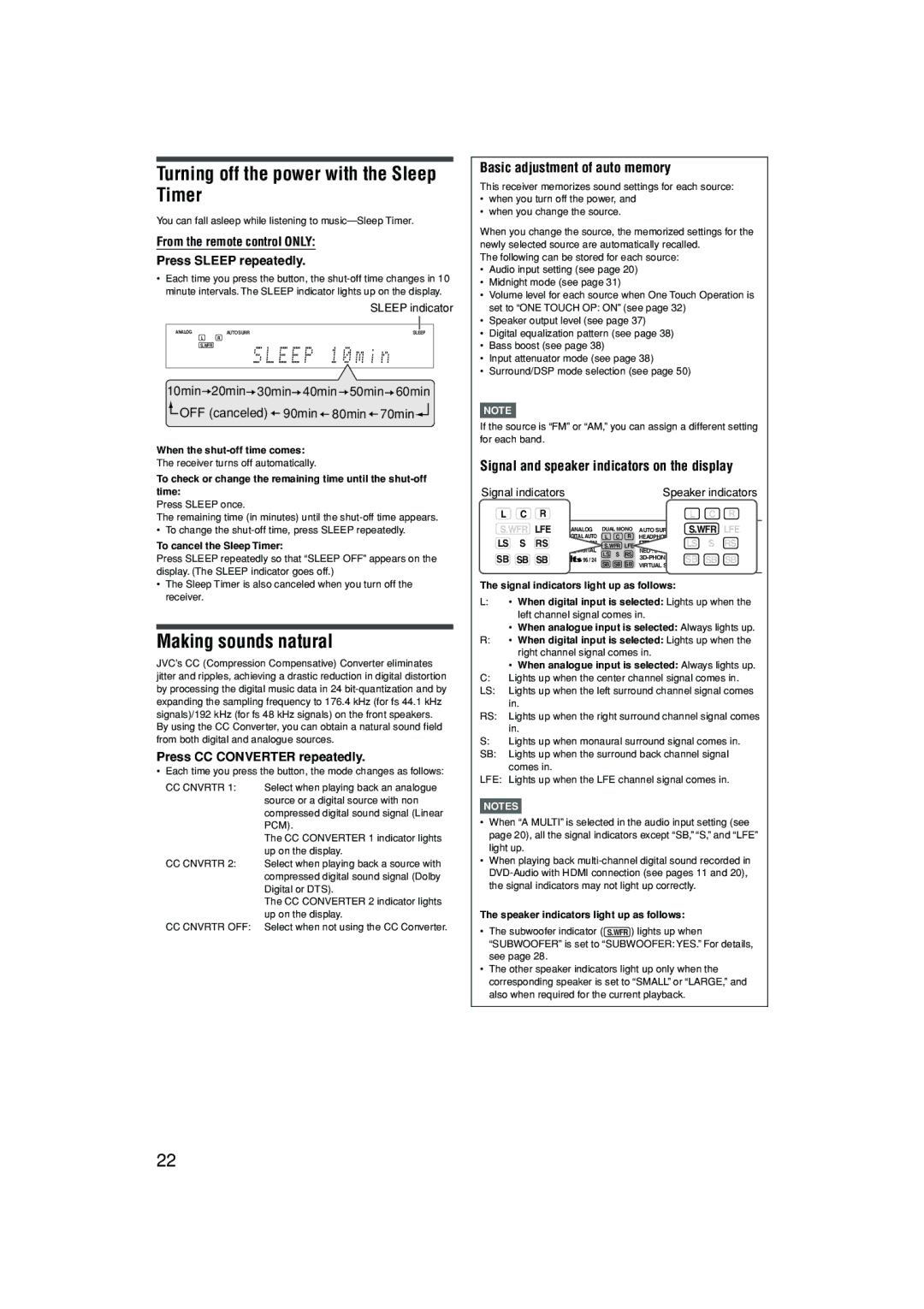 JVC 1105RYMMDWJEIN Turning off the power with the Sleep Timer, Making sounds natural, Basic adjustment of auto memory 