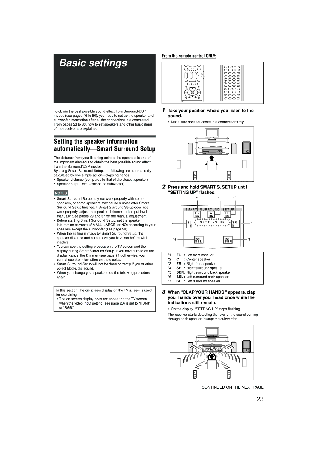 JVC LVT1437-001A, 1105RYMMDWJEIN manual Basic settings, Press and hold Smart S. Setup until Setting UP flashes 