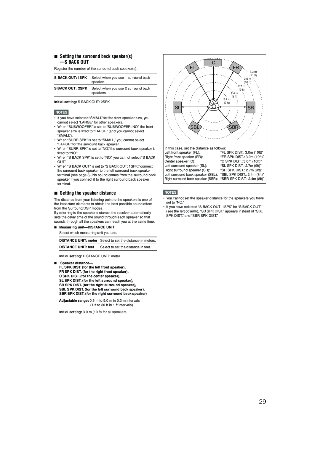 JVC LVT1437-001A manual Setting the surround back speakers, Setting the speaker distance, Initial setting S Back OUT 2SPK 