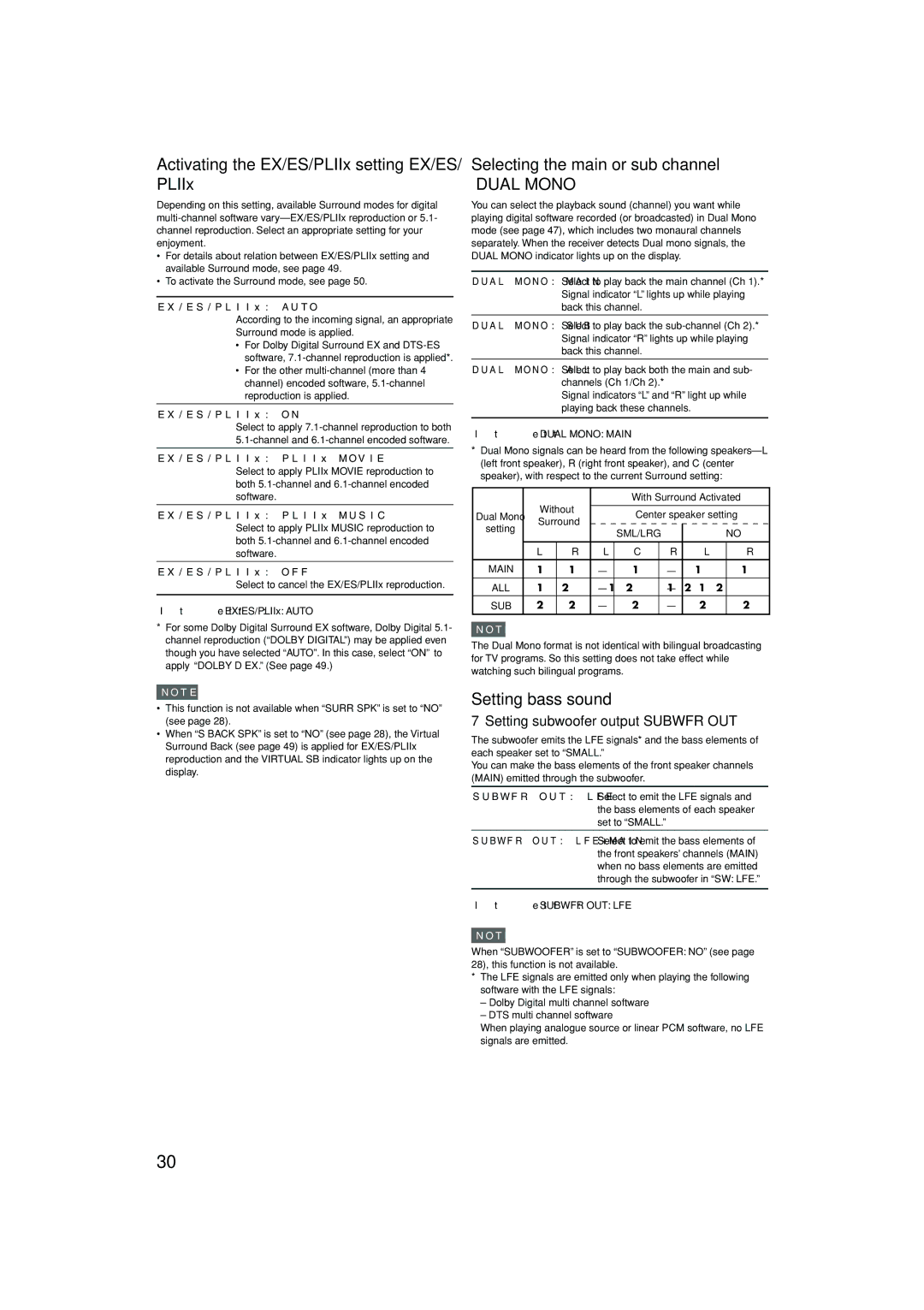 JVC 1105RYMMDWJEIN Activating the EX/ES/PLIIx setting-EX/ES/ PLIIx, Selecting the main or sub channel, Setting bass sound 