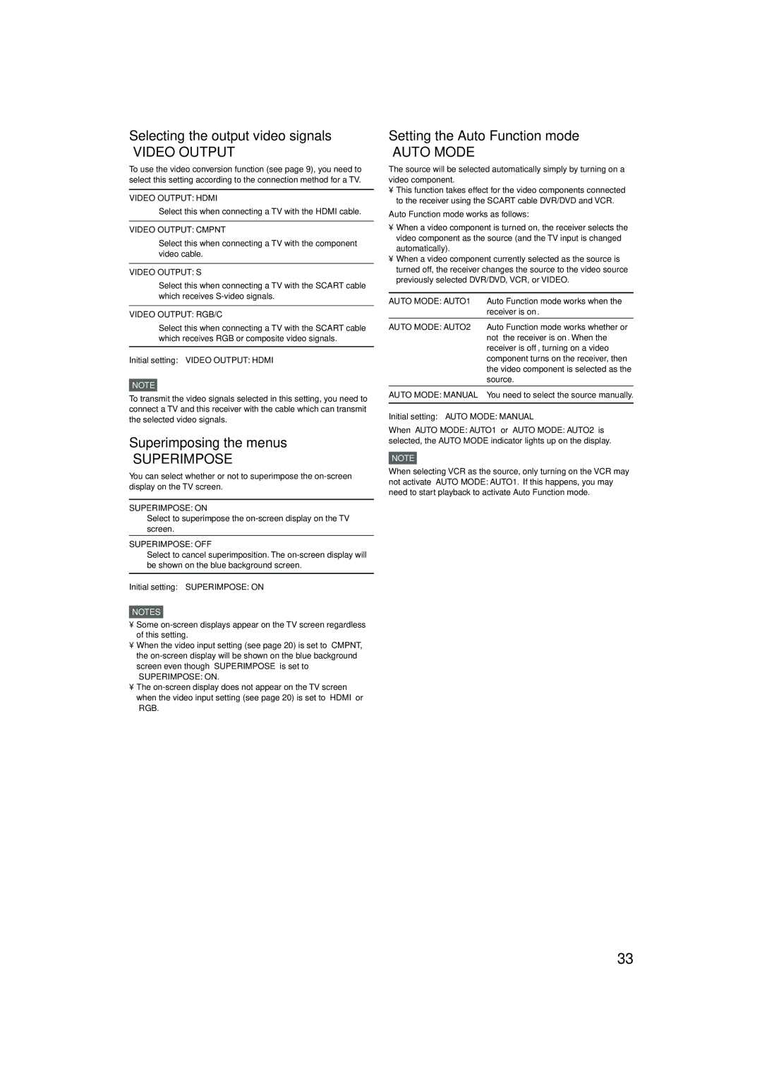 JVC LVT1437-001A manual Selecting the output video signals, Superimposing the menus, Setting the Auto Function mode 