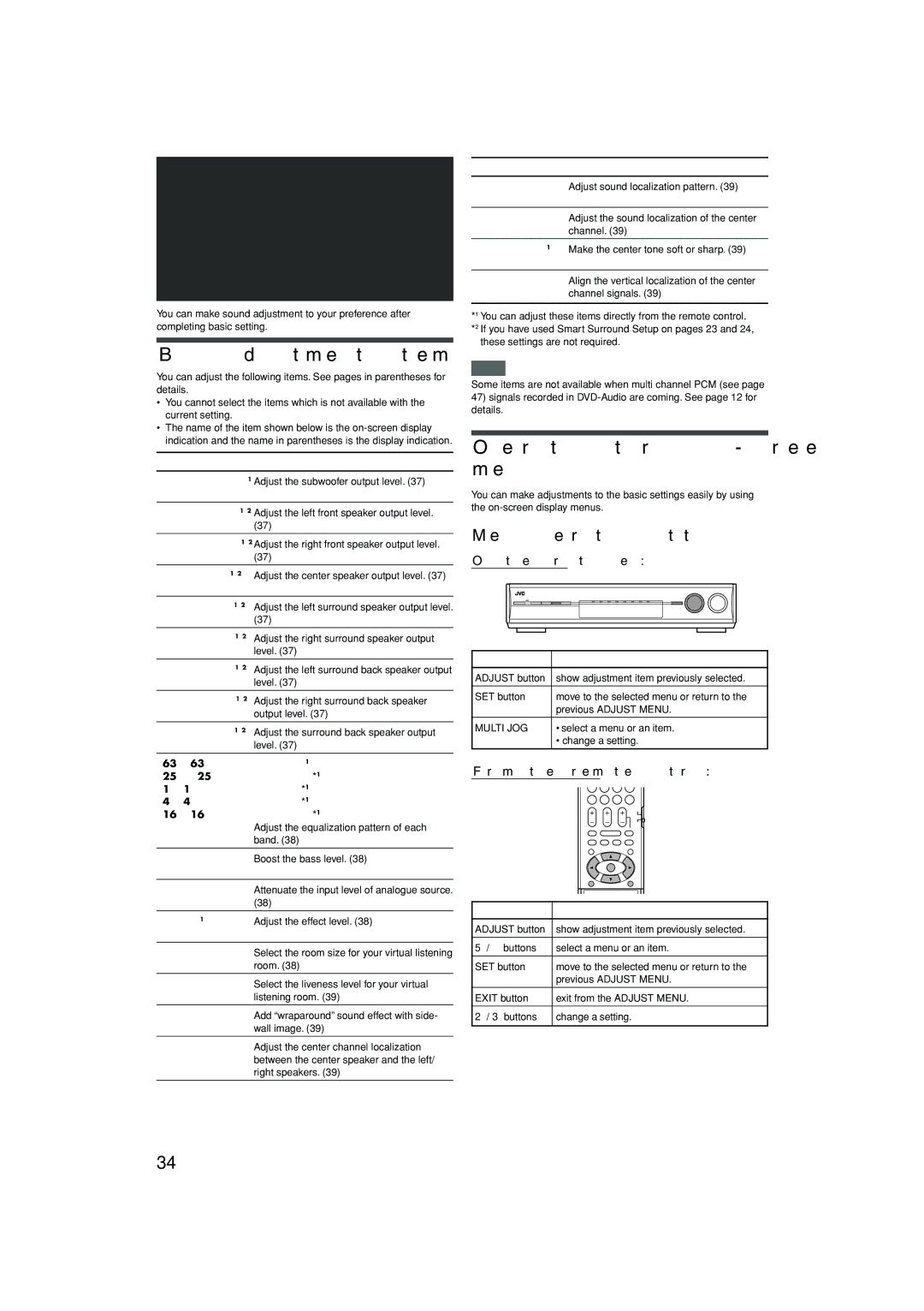 JVC 1105RYMMDWJEIN, LVT1437-001A manual Sound adjustments, Basic adjustment items 