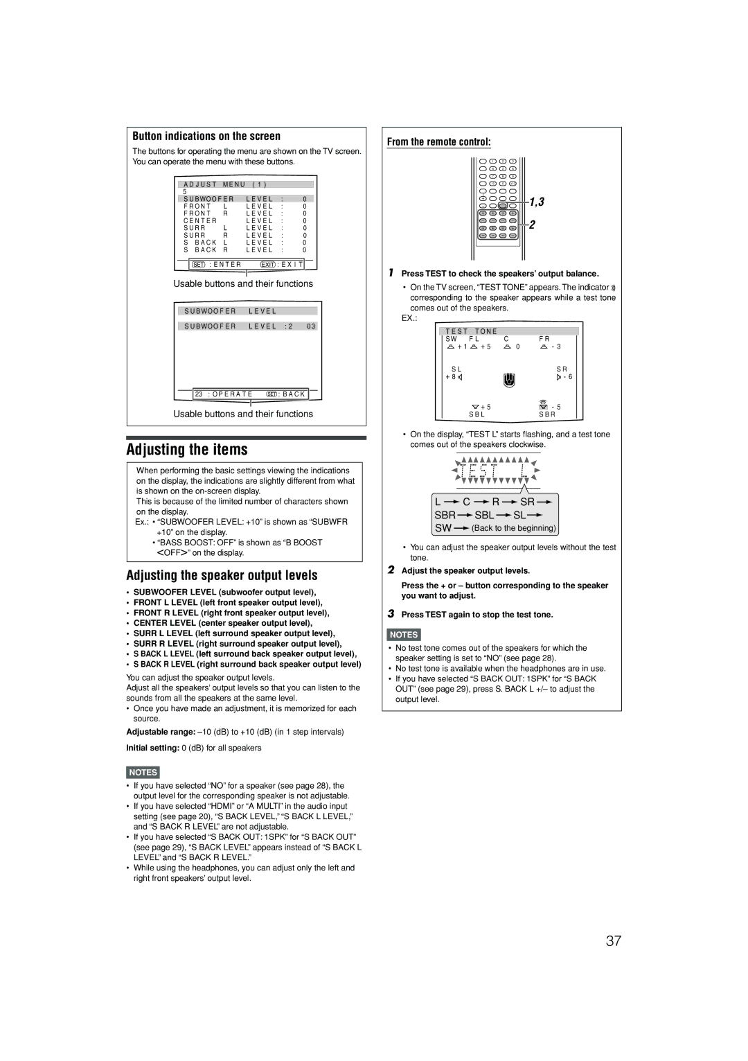 JVC LVT1437-001A, 1105RYMMDWJEIN manual Adjusting the items, Adjusting the speaker output levels 