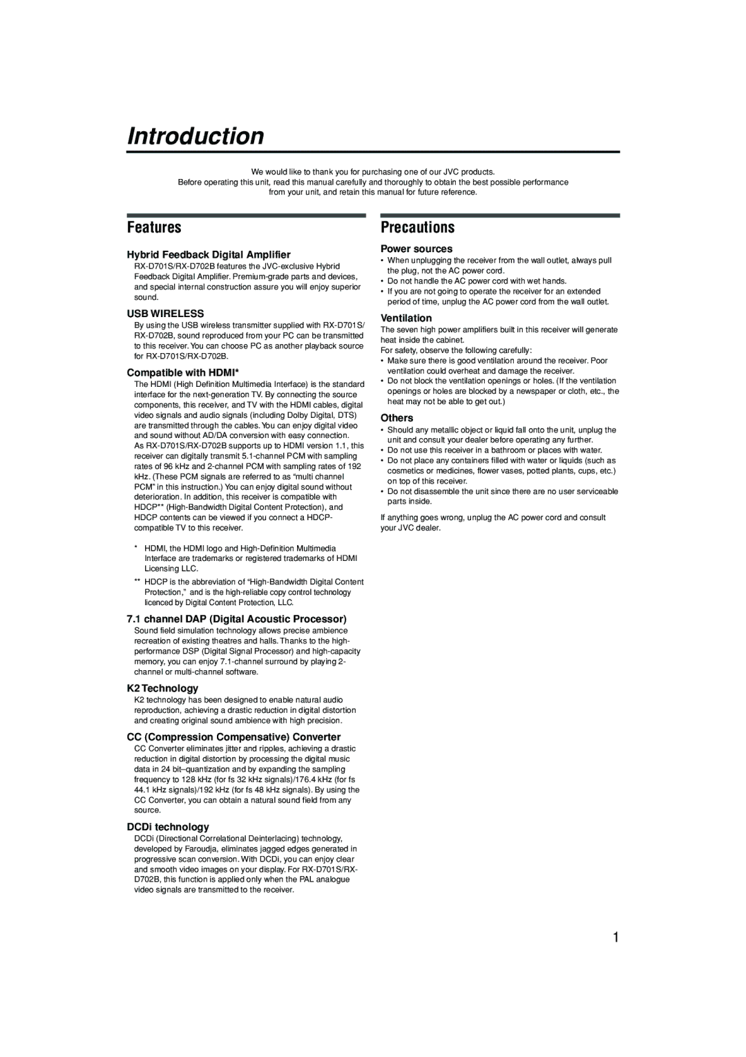 JVC LVT1437-001A, 1105RYMMDWJEIN manual Features, Precautions 