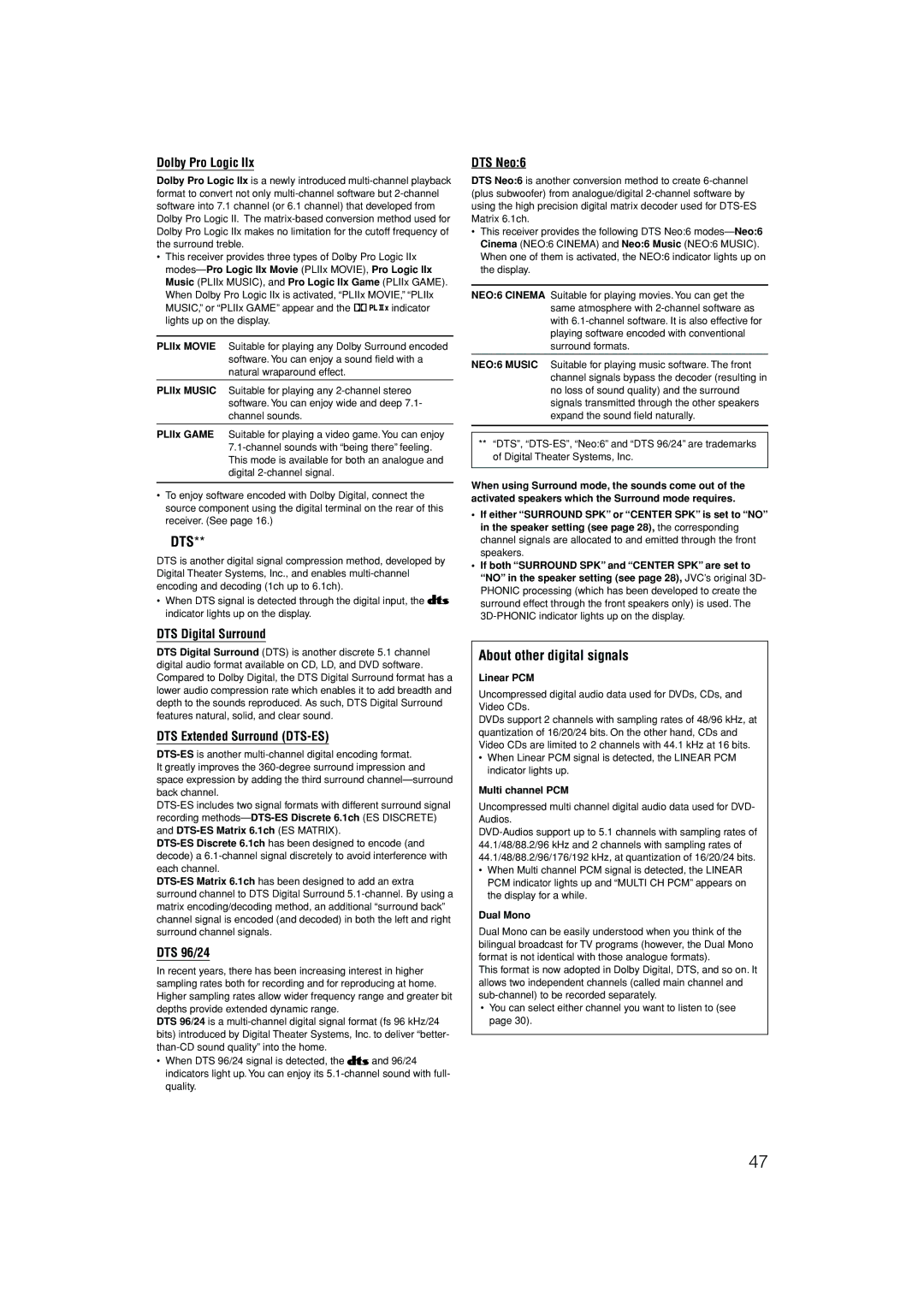 JVC LVT1437-001A, 1105RYMMDWJEIN manual Dts, About other digital signals 