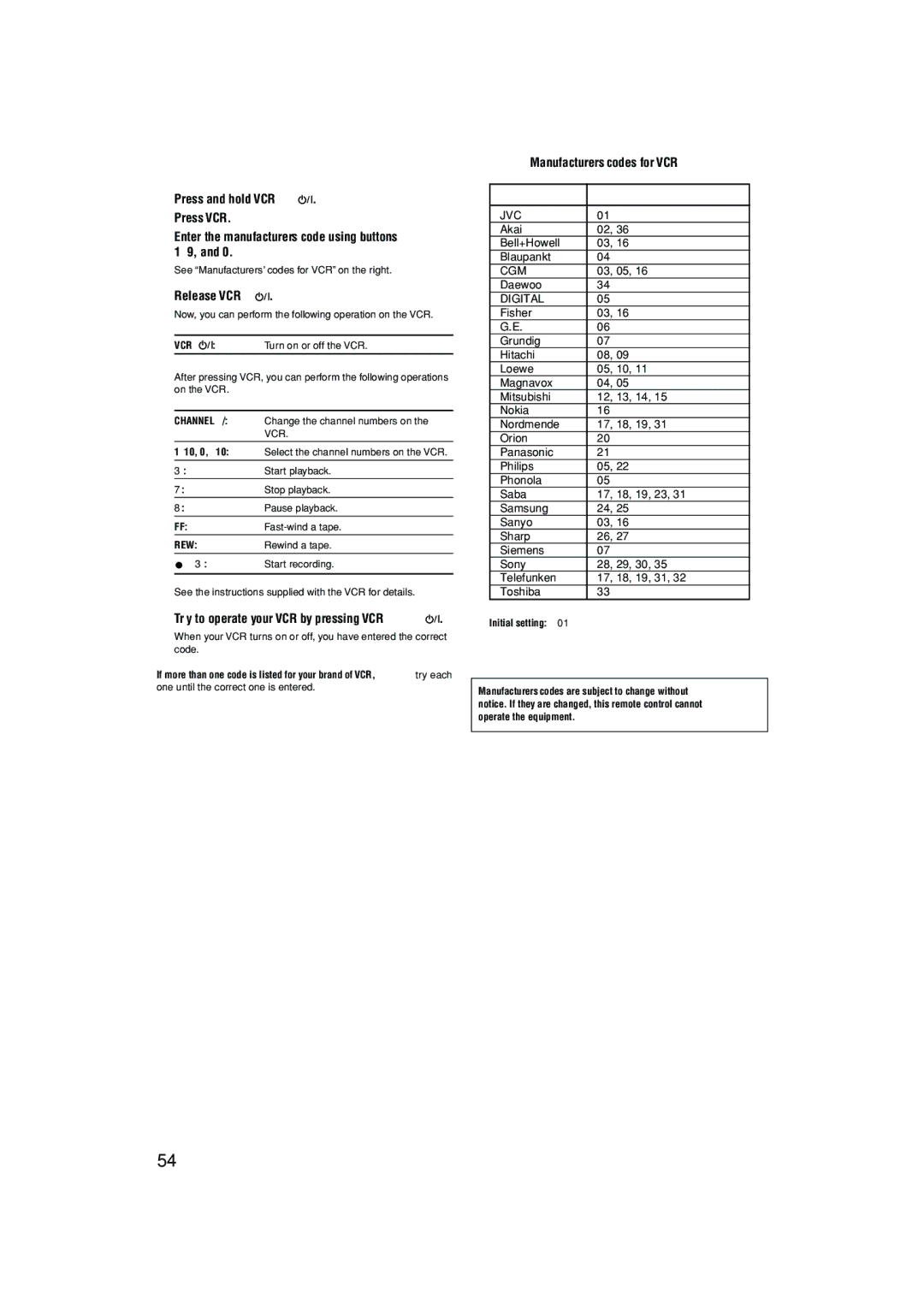 JVC 1105RYMMDWJEIN manual Changing the transmittable signals for operating a VCR, Release VCR, Manufacturers’ codes for VCR 