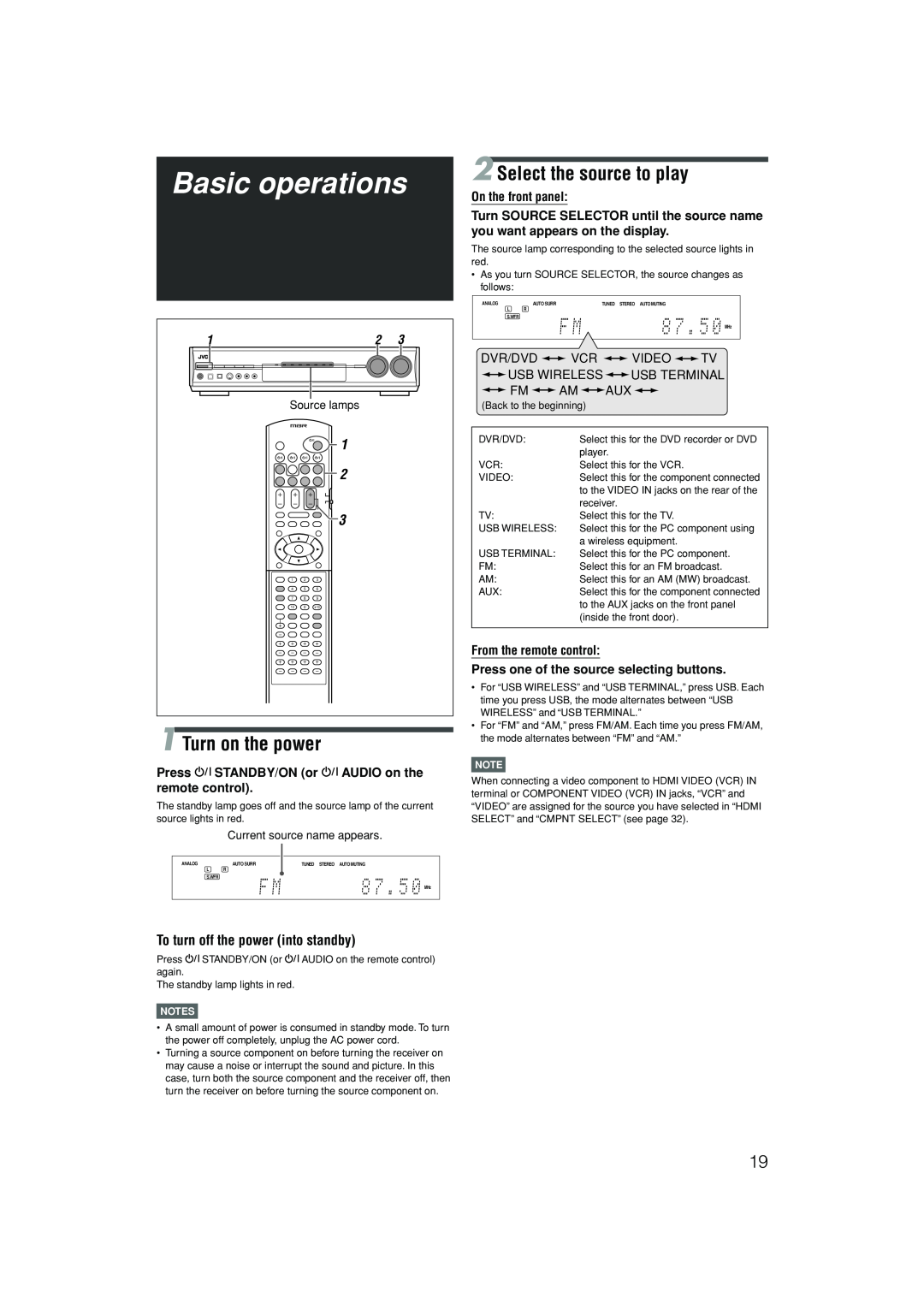 JVC LVT1437-001A manual Basic operations, Turn on the power, Select the source to play, To turn off the power into standby 