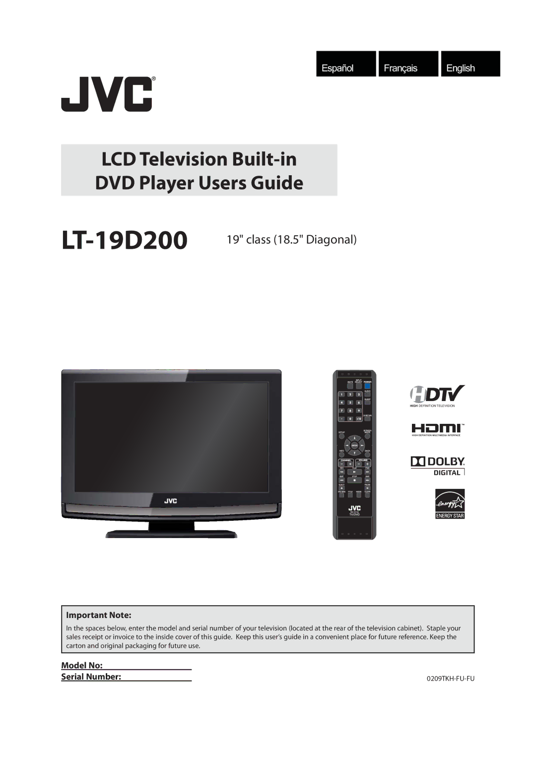 JVC A94N5UH, 1EMN24939 manual Important Note, Model No Serial Number 