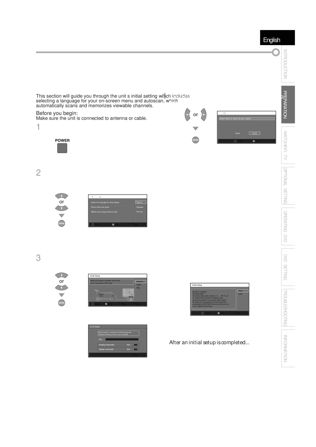 JVC A94N5UH, 1EMN24939 manual TV Functions, Initial Setup, Before you begin, After an initial setup is completed 