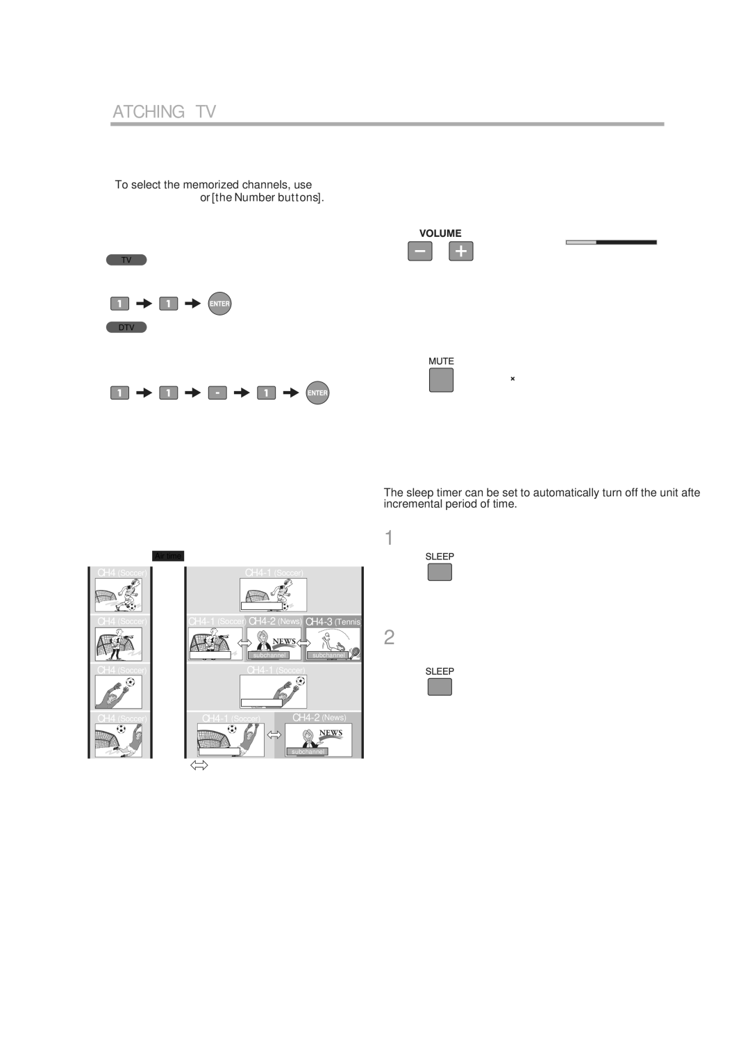 JVC 1EMN24939, A94N5UH manual Watching TV, Channel Selection, Volume Adjustment, Sleep Timer 