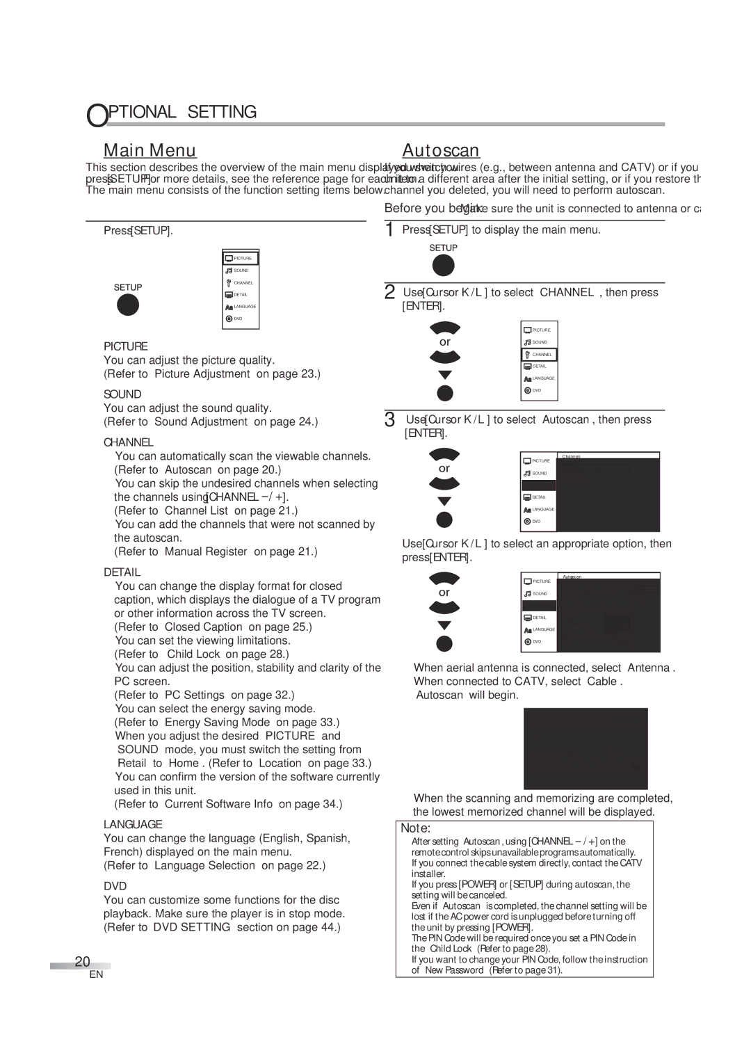 JVC 1EMN24939, A94N5UH manual Optional Setting, Main Menu, Autoscan 