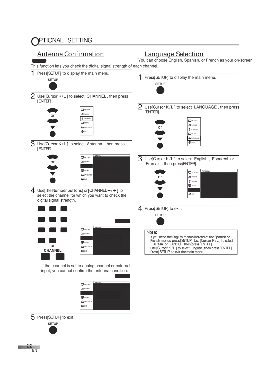 JVC 1EMN24939, A94N5UH manual Antenna Confirmation, Language Selection, Use Cursor K/L to select Antenna, then press Enter 