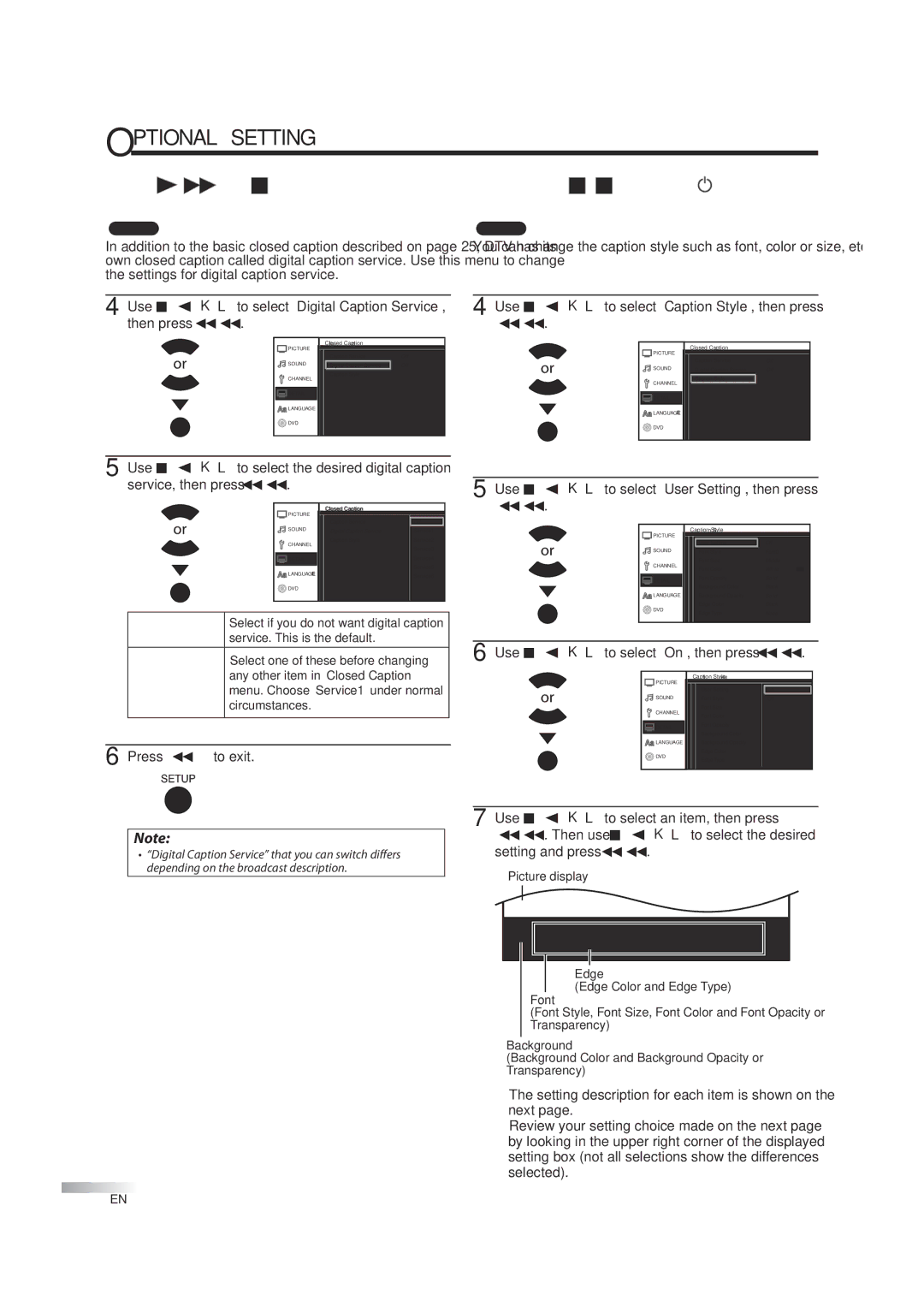 JVC 1EMN24939, A94N5UH manual Digital Caption Service, Use Cursor K/L to select Caption Style, then press Enter, Service 1~6 