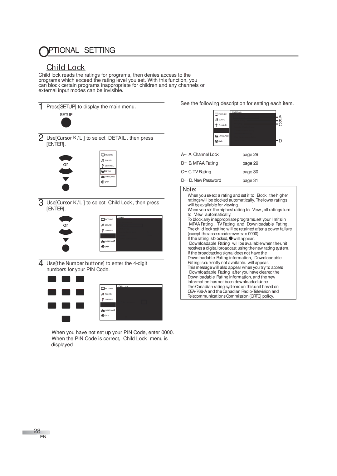 JVC 1EMN24939, A94N5UH manual Use Cursor K/L to select Child Lock, then press Enter 