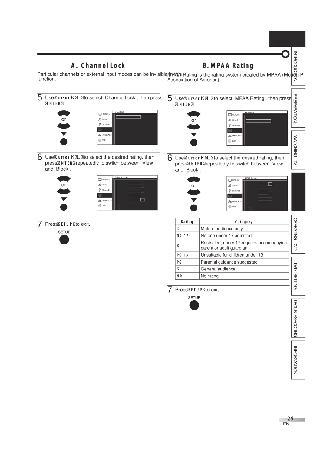 JVC A94N5UH, 1EMN24939 manual Channel Lock Mpaa Rating, Function Association of America 