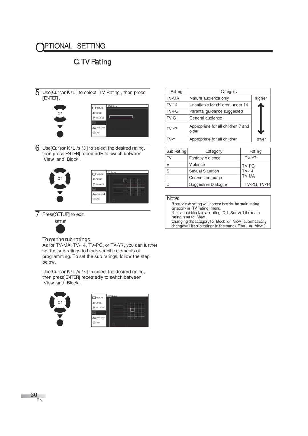 JVC 1EMN24939, A94N5UH manual To set the sub ratings, Use Cursor K/L to select TV Rating, then press Enter, TV Ratingi 