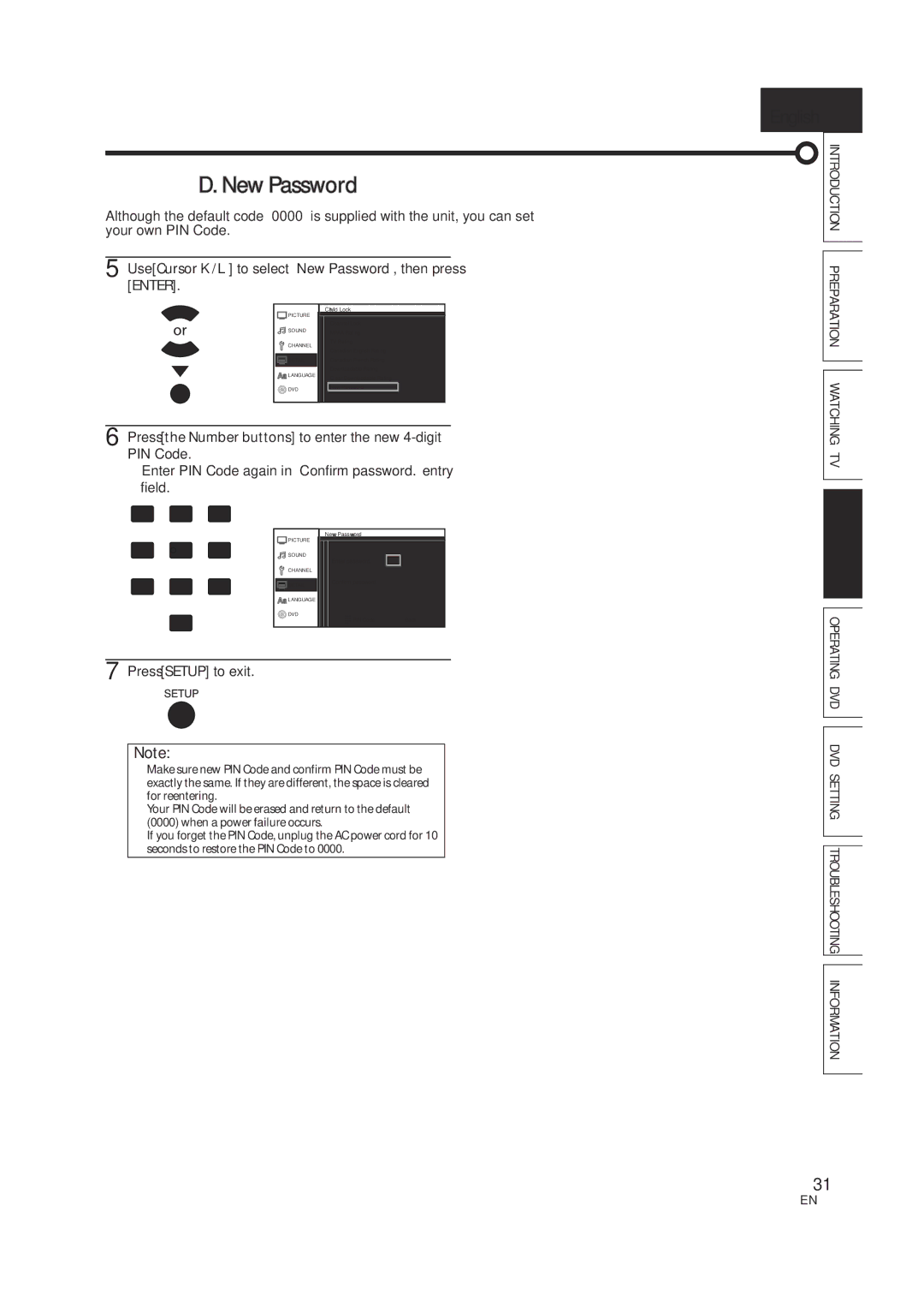 JVC A94N5UH, 1EMN24939 manual Use Cursor K/L to select New Password, then press Enter, Confirm password 