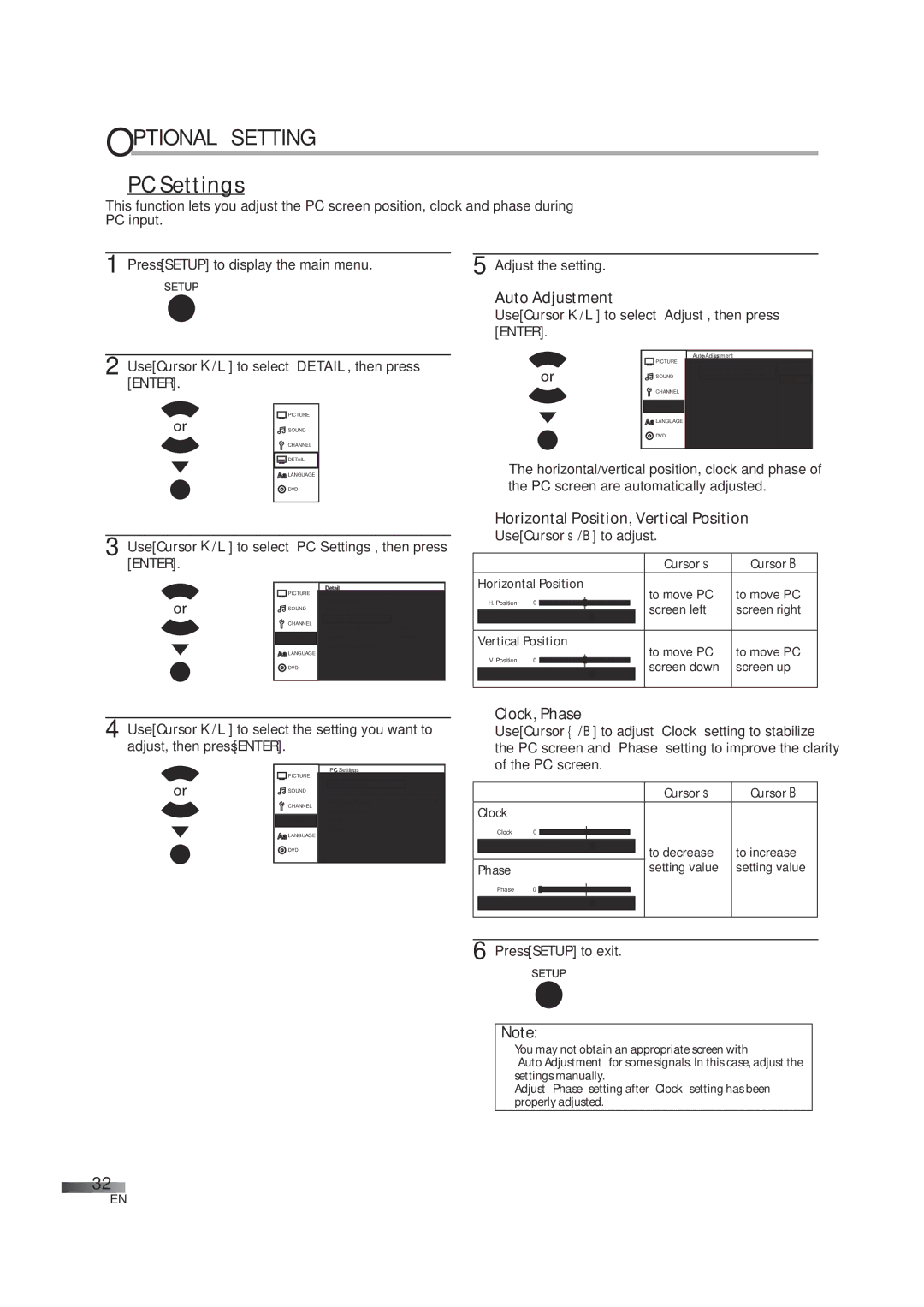 JVC 1EMN24939, A94N5UH manual PC Settings, Auto Adjustment, Horizontal Position, Vertical Position, Clock, Phase 