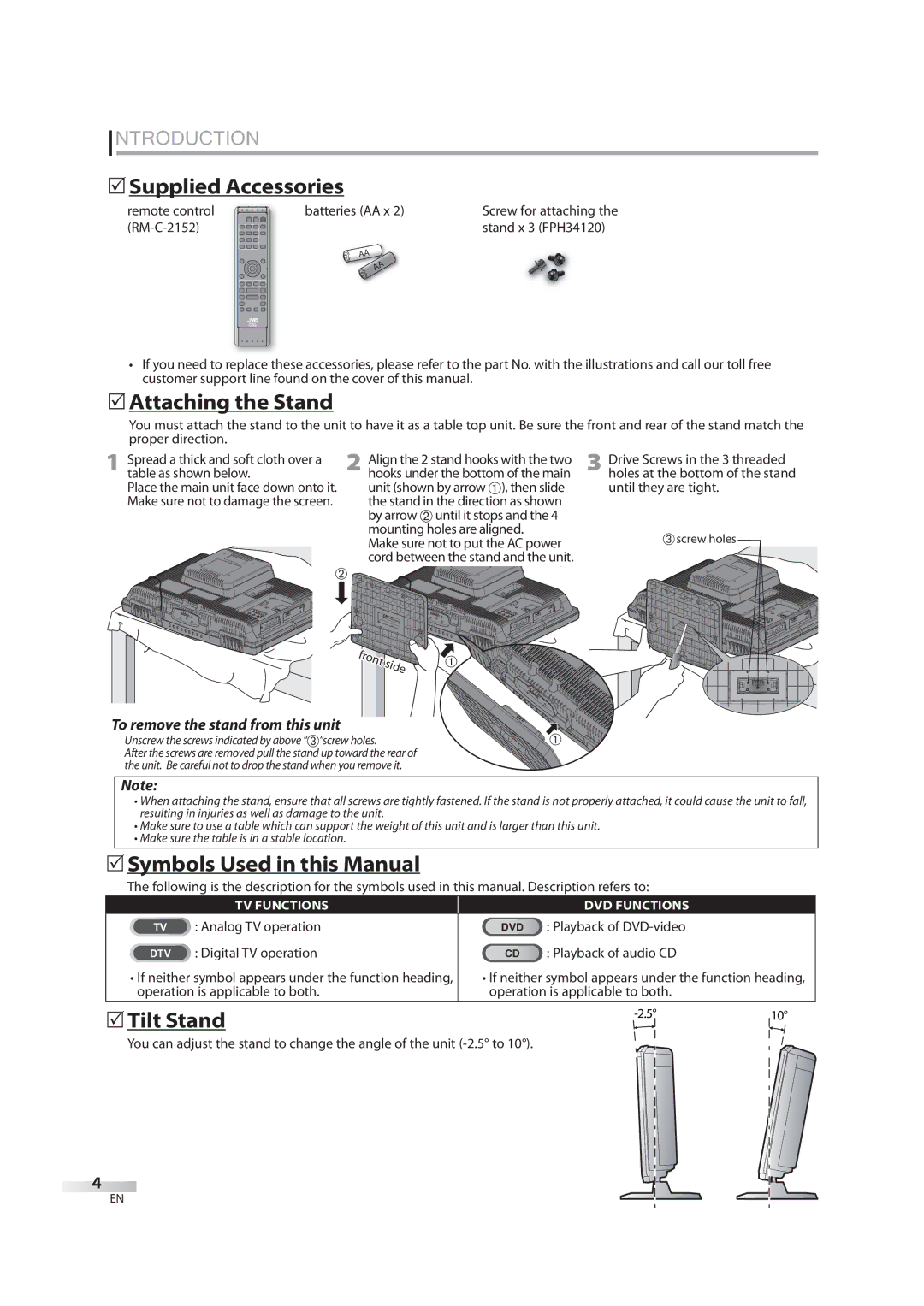 JVC 1EMN24939, A94N5UH Introduction, Supplied Accessories, Attaching the Stand, Symbols Used in this Manual, Tilt Stand 