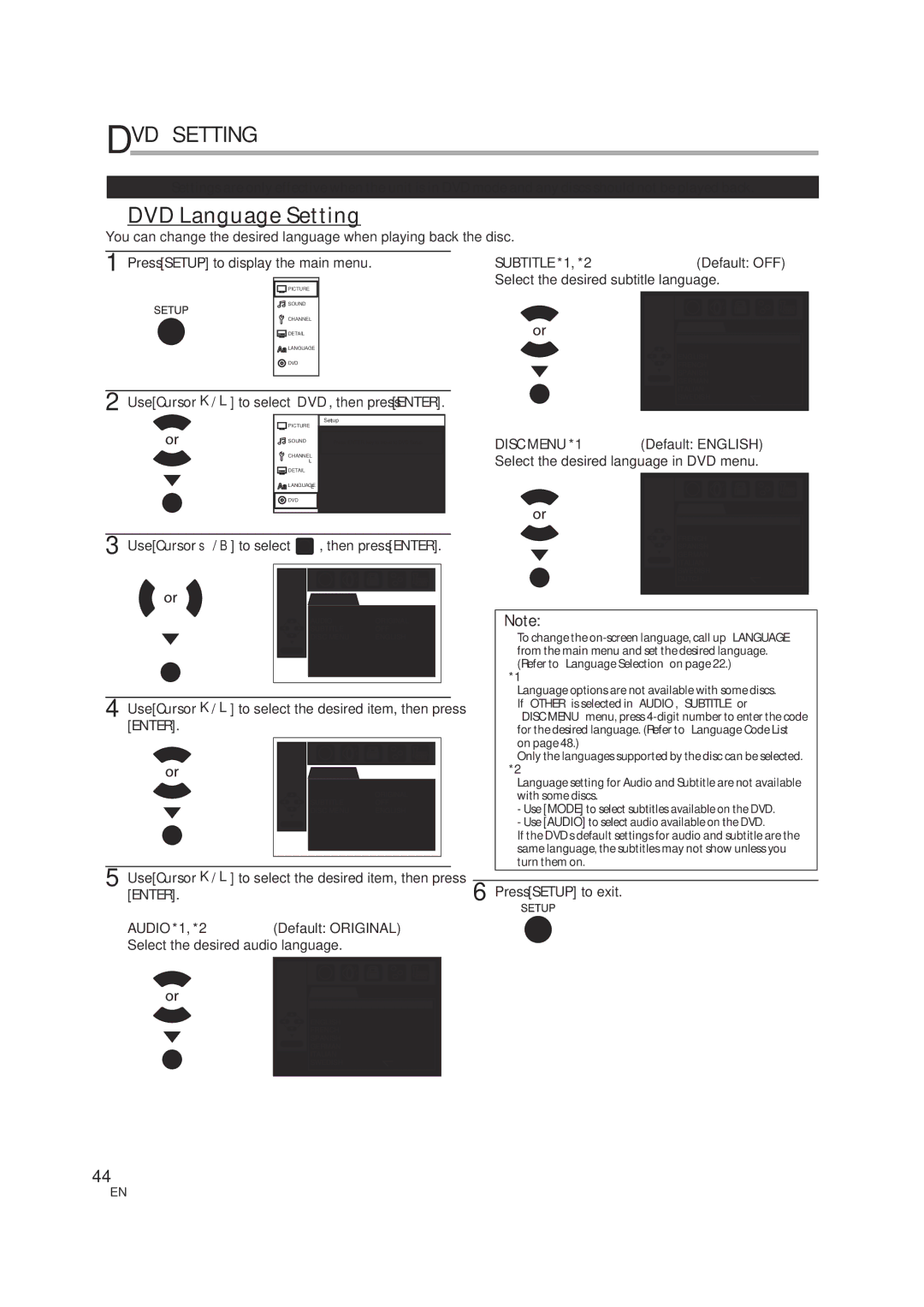 JVC 1EMN24939, A94N5UH DVD Setting, DVD Language Setting, Subtitle *1, *2Default OFF, Select the desired subtitle language 