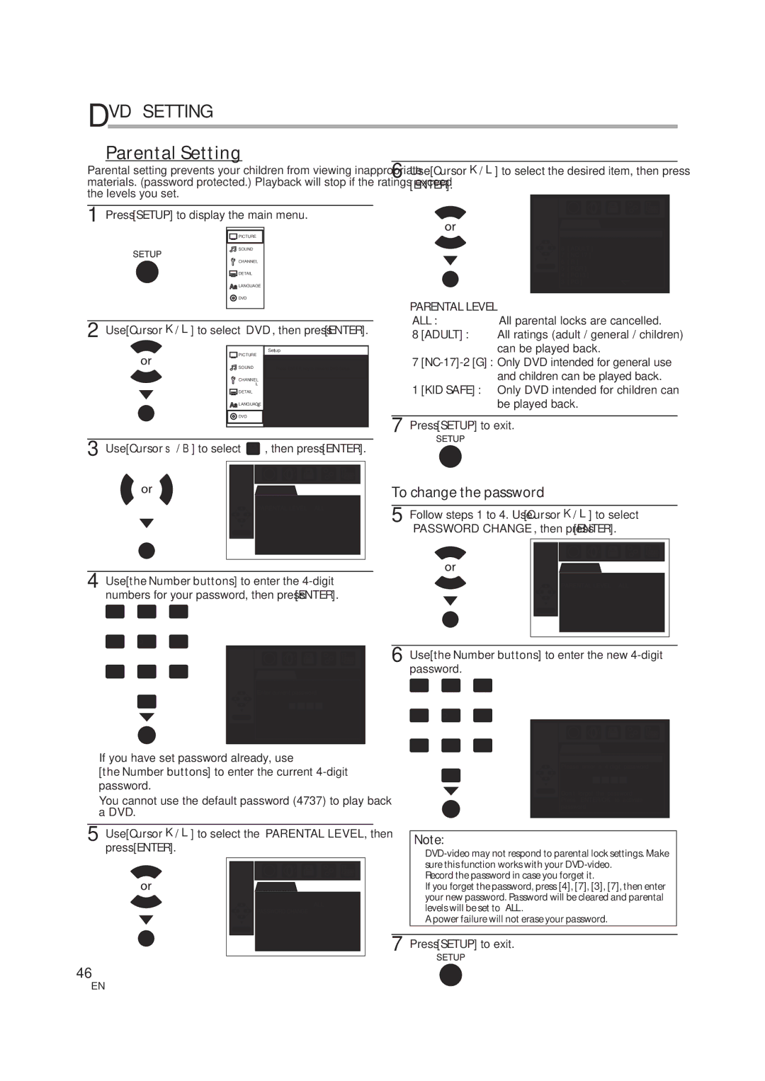 JVC 1EMN24939, A94N5UH manual Parental Setting, If you have set password already, use, Parental Level 