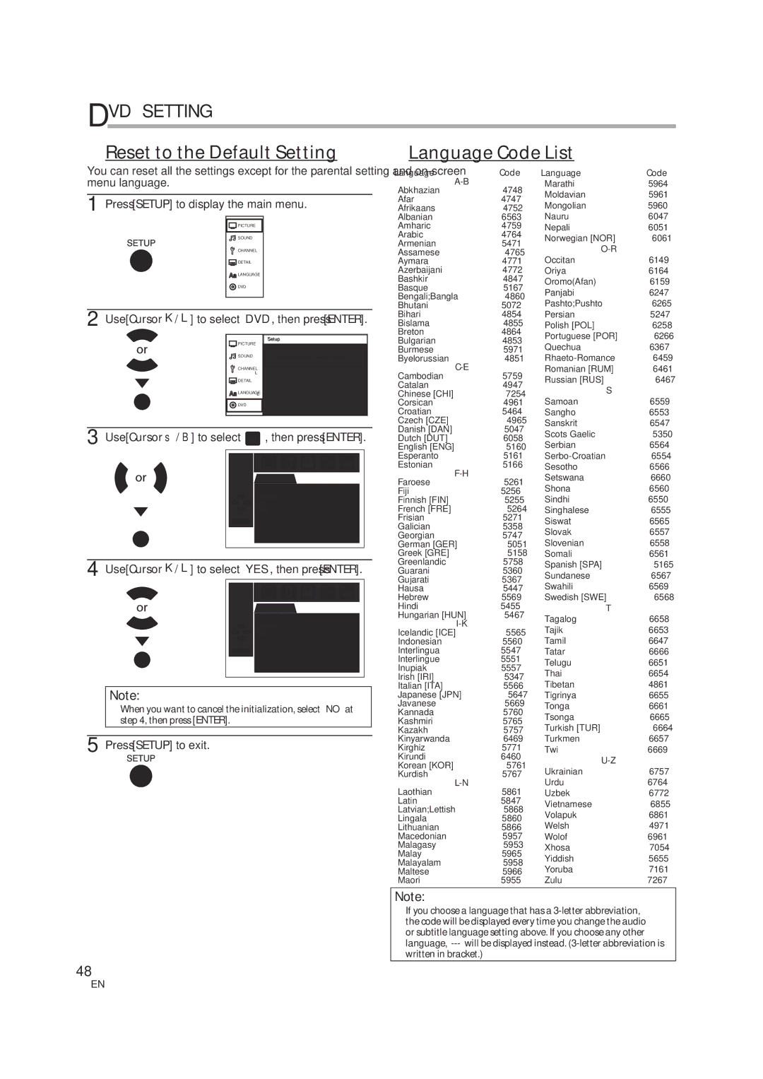 JVC 1EMN24939, A94N5UH Reset to the Default Setting Language Code List, Use Cursor K/ L to select DVD, then press Enter 