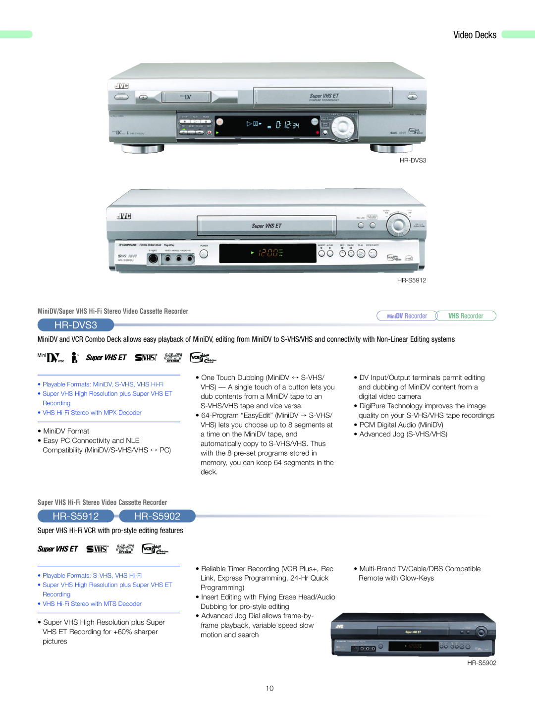 JVC 2006 HR-DVS3, HR-S5912 HR-S5902, MiniDV/Super VHS Hi-Fi Stereo Video Cassette Recorder, Video Decks, MiniDV Recorder 
