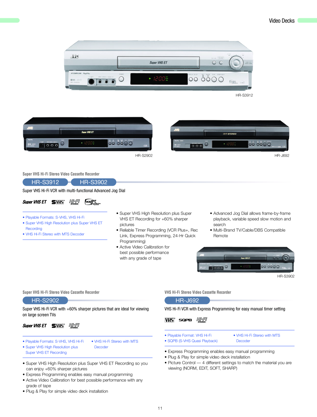JVC 2006 manual HR-S3912 HR-S3902, HR-S2902, HR-J692, VHS Hi-Fi Stereo Video Cassette Recorder, Video Decks 