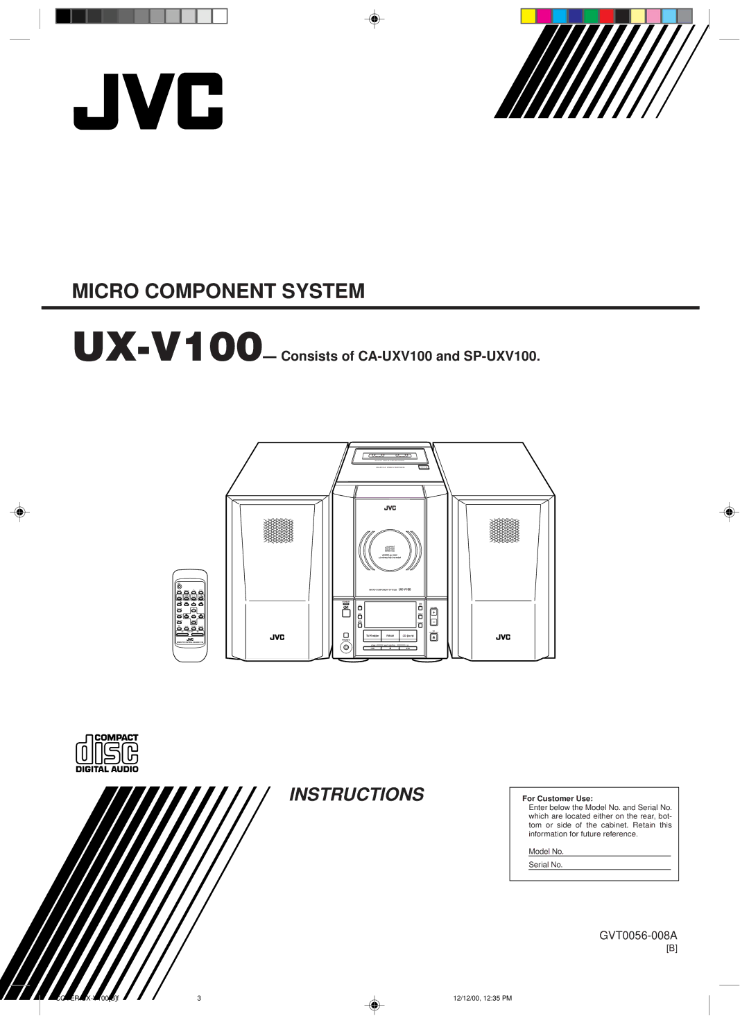 JVC 20981IEN manual Micro Component System, UX-V100- Consists of CA-UXV100 and SP-UXV100 