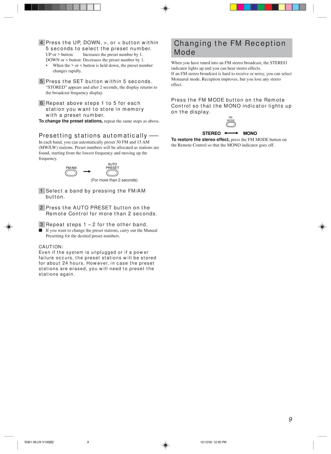 JVC 20981IEN Changing the FM Reception Mode, Presetting stations automatically, Press the SET button within 5 seconds 