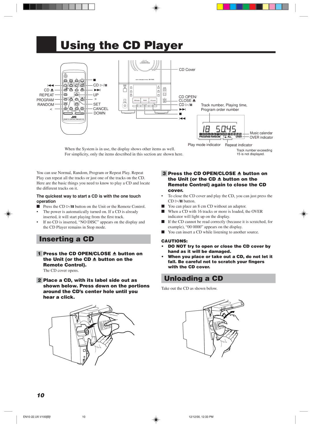 JVC 20981IEN manual Using the CD Player, Inserting a CD, Unloading a CD 