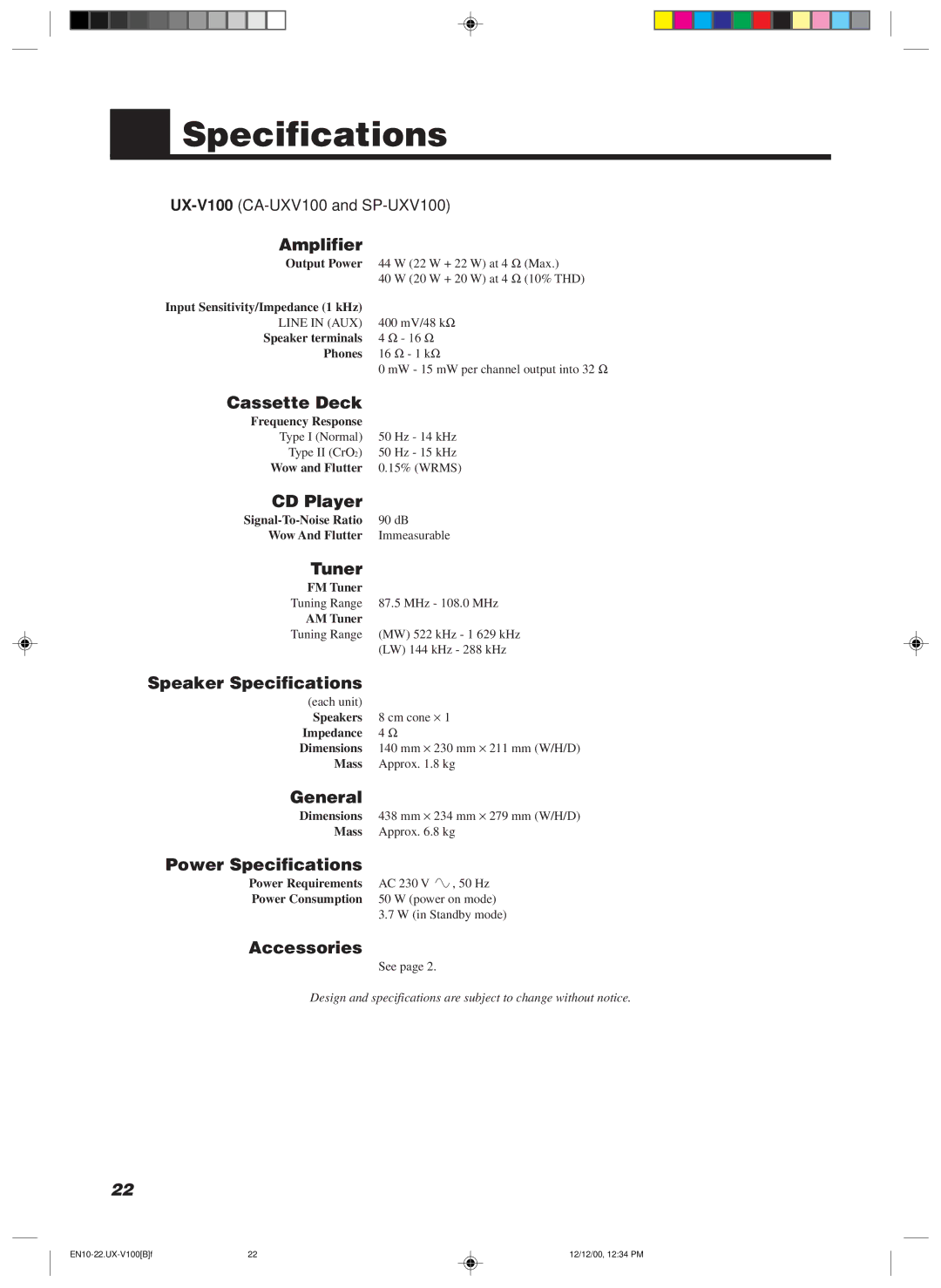 JVC 20981IEN manual Specifications 