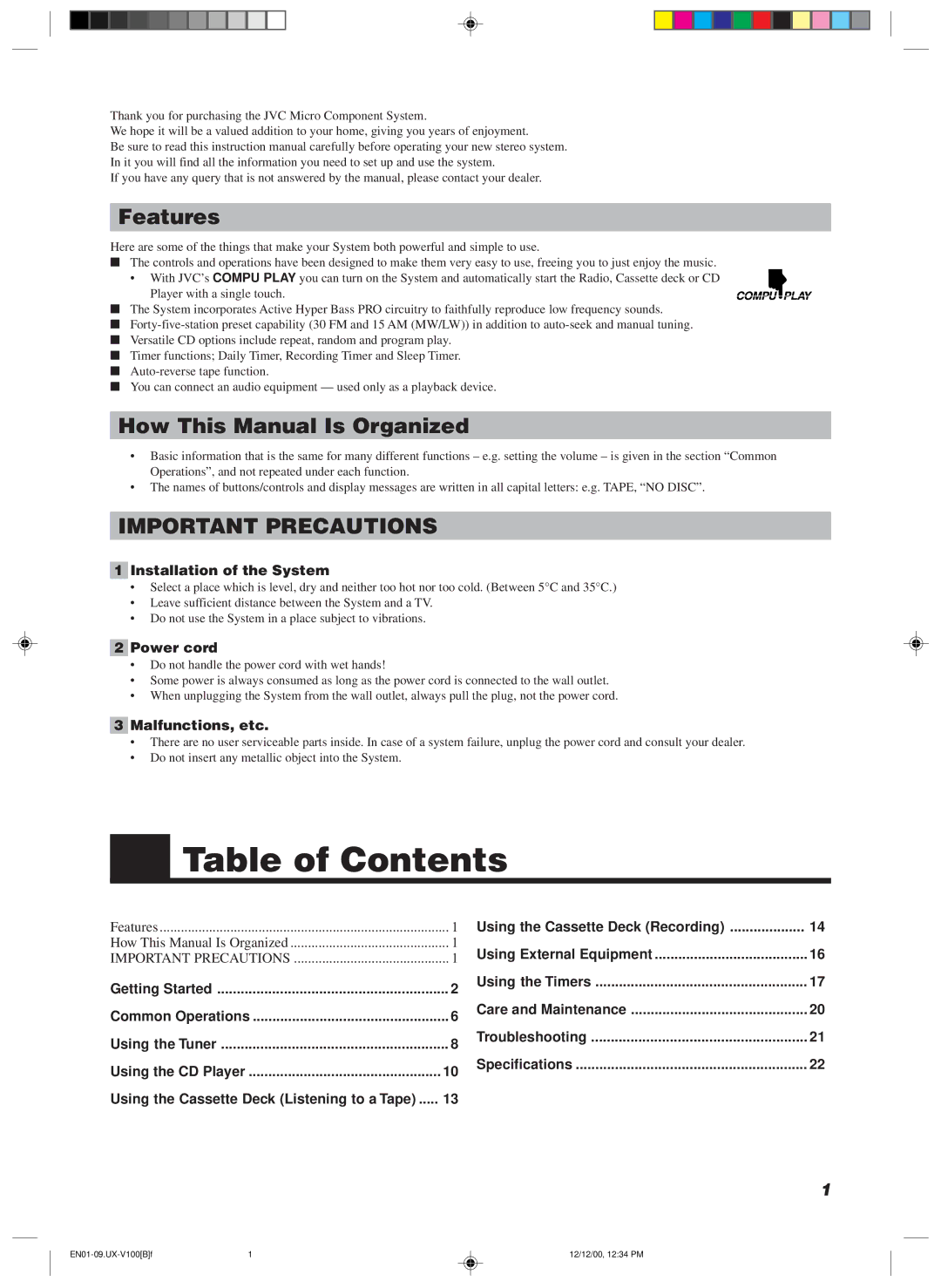 JVC 20981IEN manual Table of Contents 