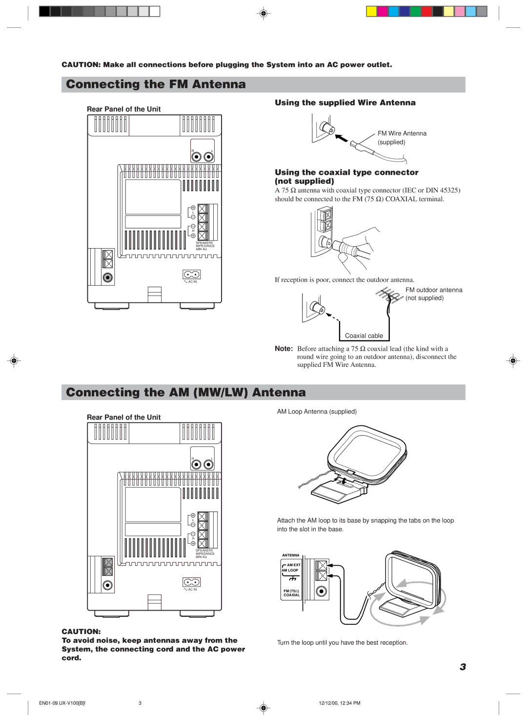 JVC 20981IEN manual Connecting the FM Antenna, Connecting the AM MW/LW Antenna, Using the supplied Wire Antenna 