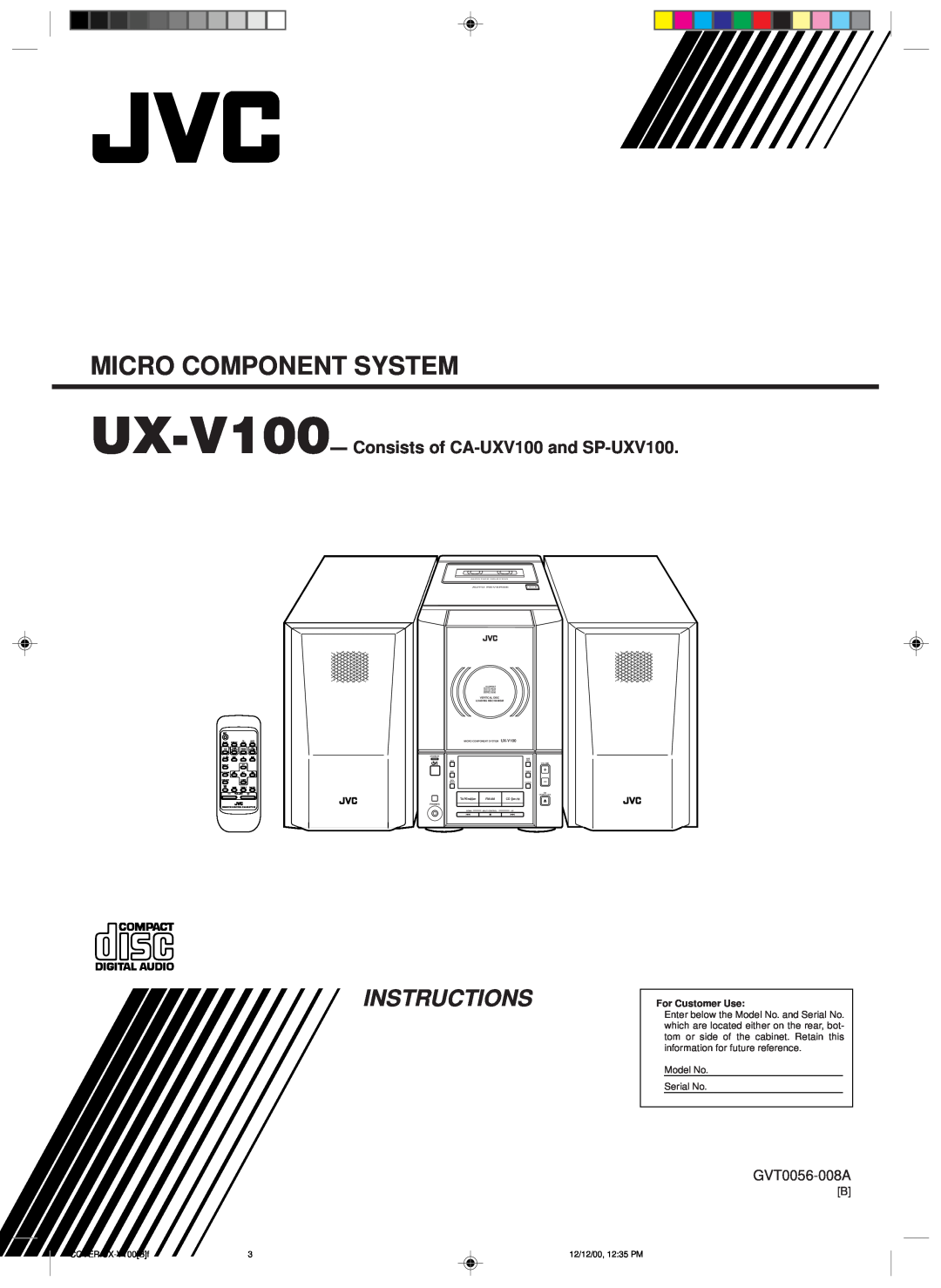 JVC 20981IEN manual UX-V100-Consists of CA-UXV100and SP-UXV100, Micro Component System, Instructions, GVT0056-008A, Tape 