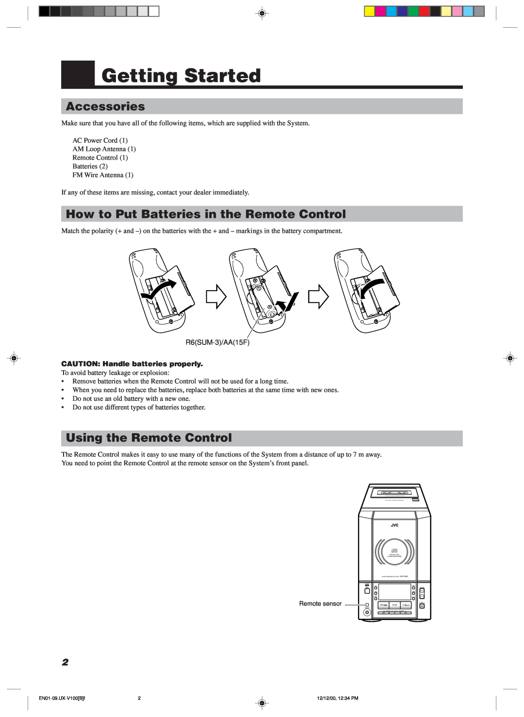 JVC 20981IEN manual Getting Started, Accessories, How to Put Batteries in the Remote Control, Using the Remote Control 