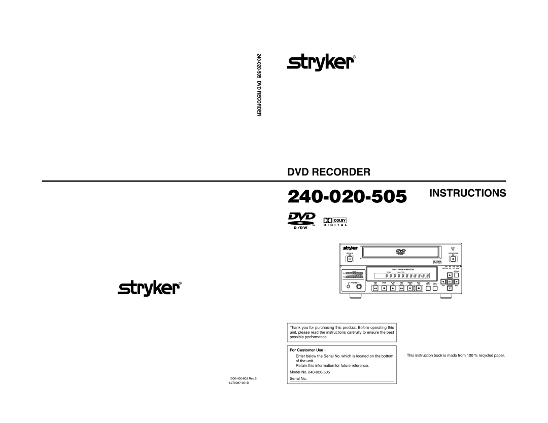 JVC 240-020-505 manual DVD Recorder, For Customer Use 