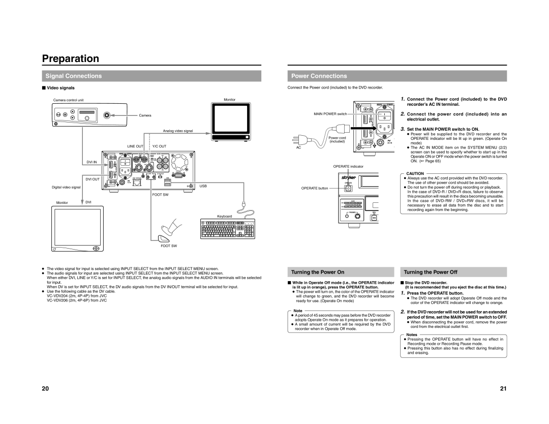 JVC 240-020-505 manual Preparation, Signal Connections, Power Connections, Turning the Power On, Turning the Power Off 