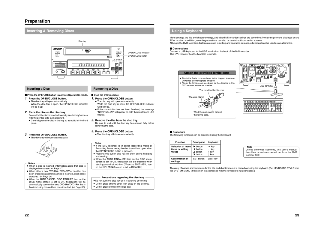 JVC 240-020-505 manual Preparation, Inserting & Removing Discs, Using a Keyboard, Inserting a Disc Removing a Disc 