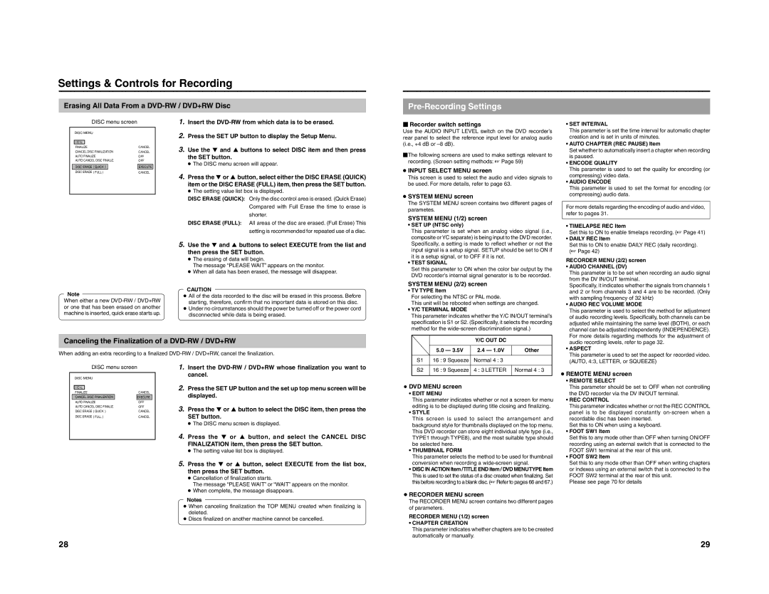 JVC 240-020-505 Settings & Controls for Recording, Pre-Recording Settings, Erasing All Data From a DVD-RW / DVD+RW Disc 