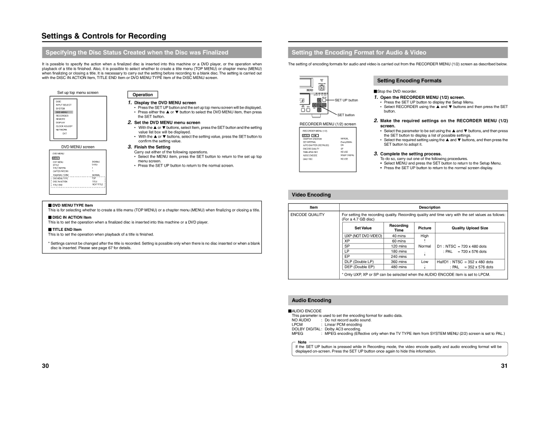 JVC 240-020-505 Setting the Encoding Format for Audio & Video, Setting Encoding Formats, Video Encoding, Audio Encoding 