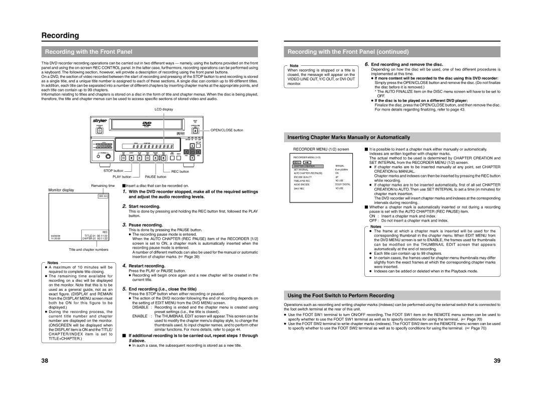 JVC 240-020-505 manual Recording with the Front Panel, Inserting Chapter Marks Manually or Automatically 