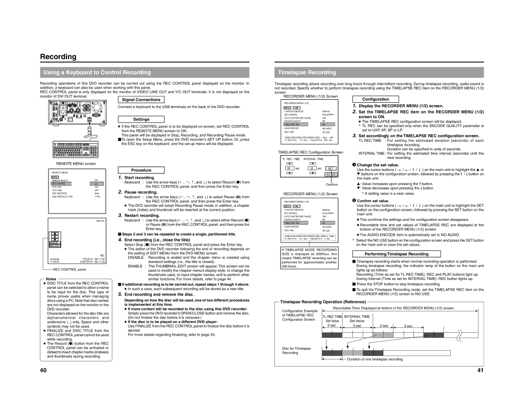 JVC 240-020-505 manual Using a Keyboard to Control Recording, Timelapse Recording 