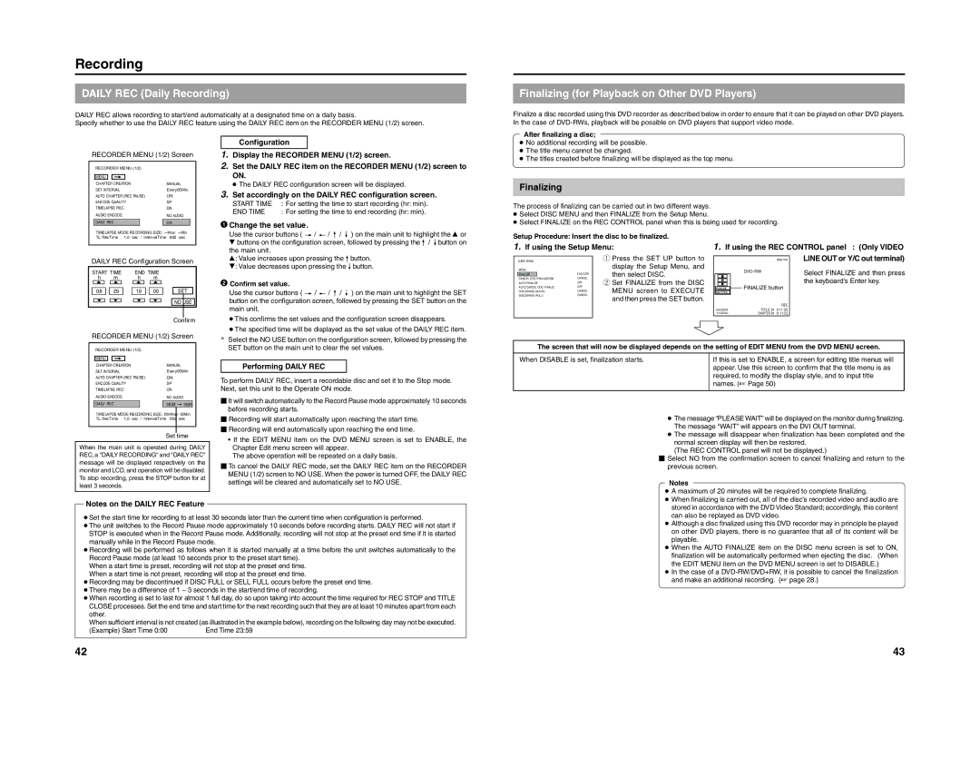 JVC 240-020-505 manual Daily REC Daily Recording, Finalizing for Playback on Other DVD Players 