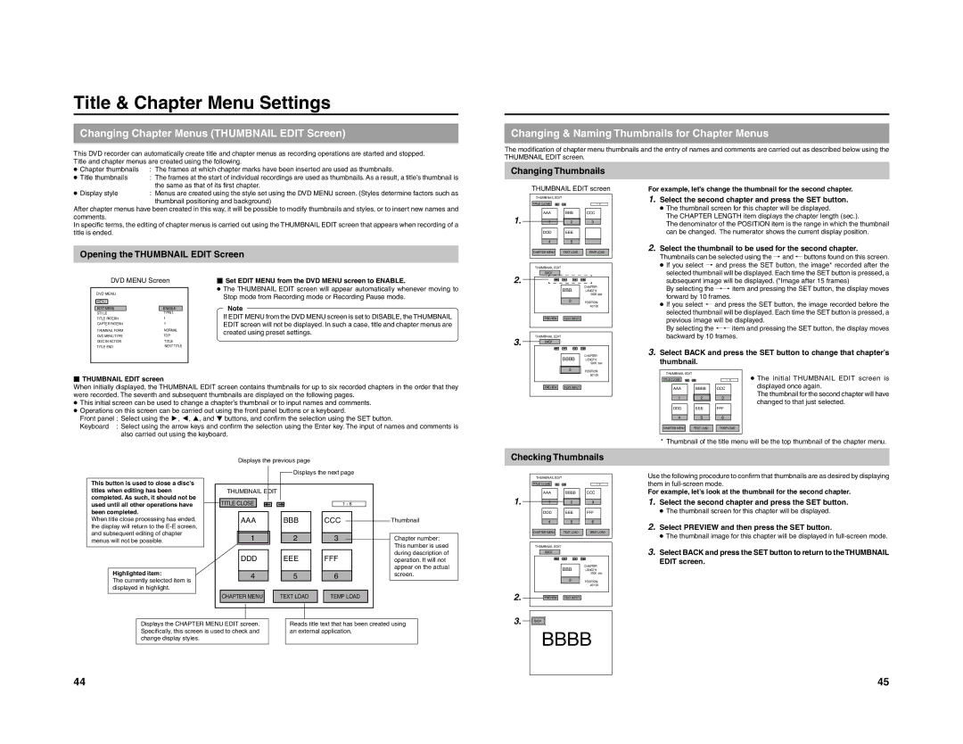 JVC 240-020-505 manual Title & Chapter Menu Settings, Changing Chapter Menus Thumbnail Edit Screen, Checking Thumbnails 