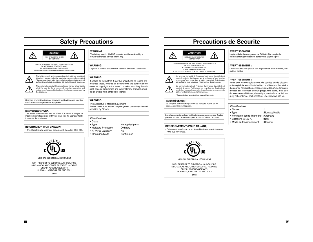 JVC 240-020-505 Safety Precautions Precautions de Securite, Information for USA, UL.60601-1, CAN/CSA C22.2 NO.601.1 56PA 