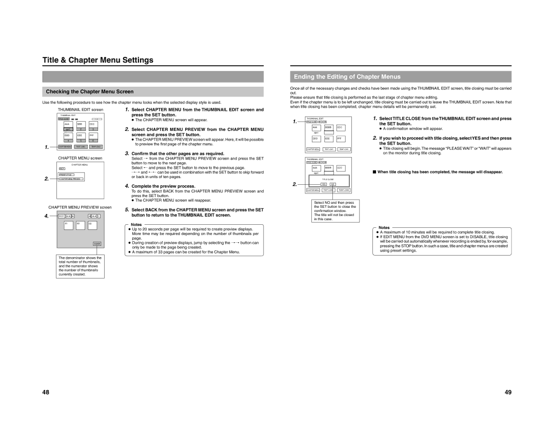 JVC 240-020-505 manual Ending the Editing of Chapter Menus, Checking the Chapter Menu Screen 