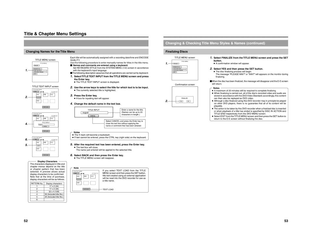 JVC 240-020-505 manual Changing Names for the Title Menu, Finalizing Discs, Press the Enter key 