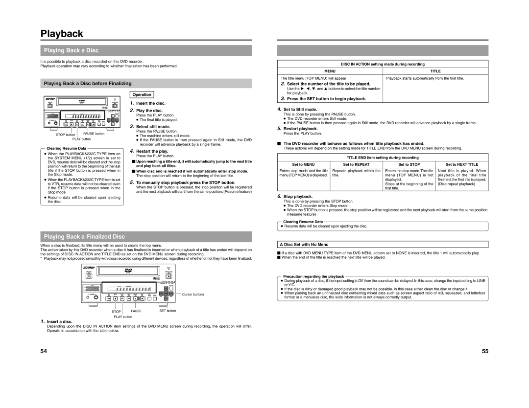 JVC 240-020-505 manual Playback, Playing Back a Finalized Disc, Playing Back a Disc before Finalizing 