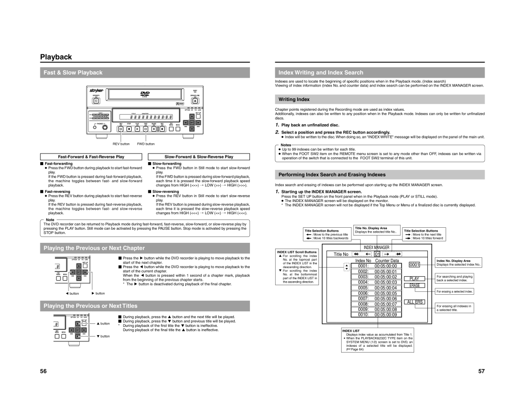 JVC 240-020-505 manual Fast & Slow Playback, Index Writing and Index Search, Playing the Previous or Next Chapter 